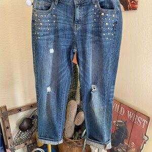 Women's Distressed Blue Jeans with Gold Accents cropped